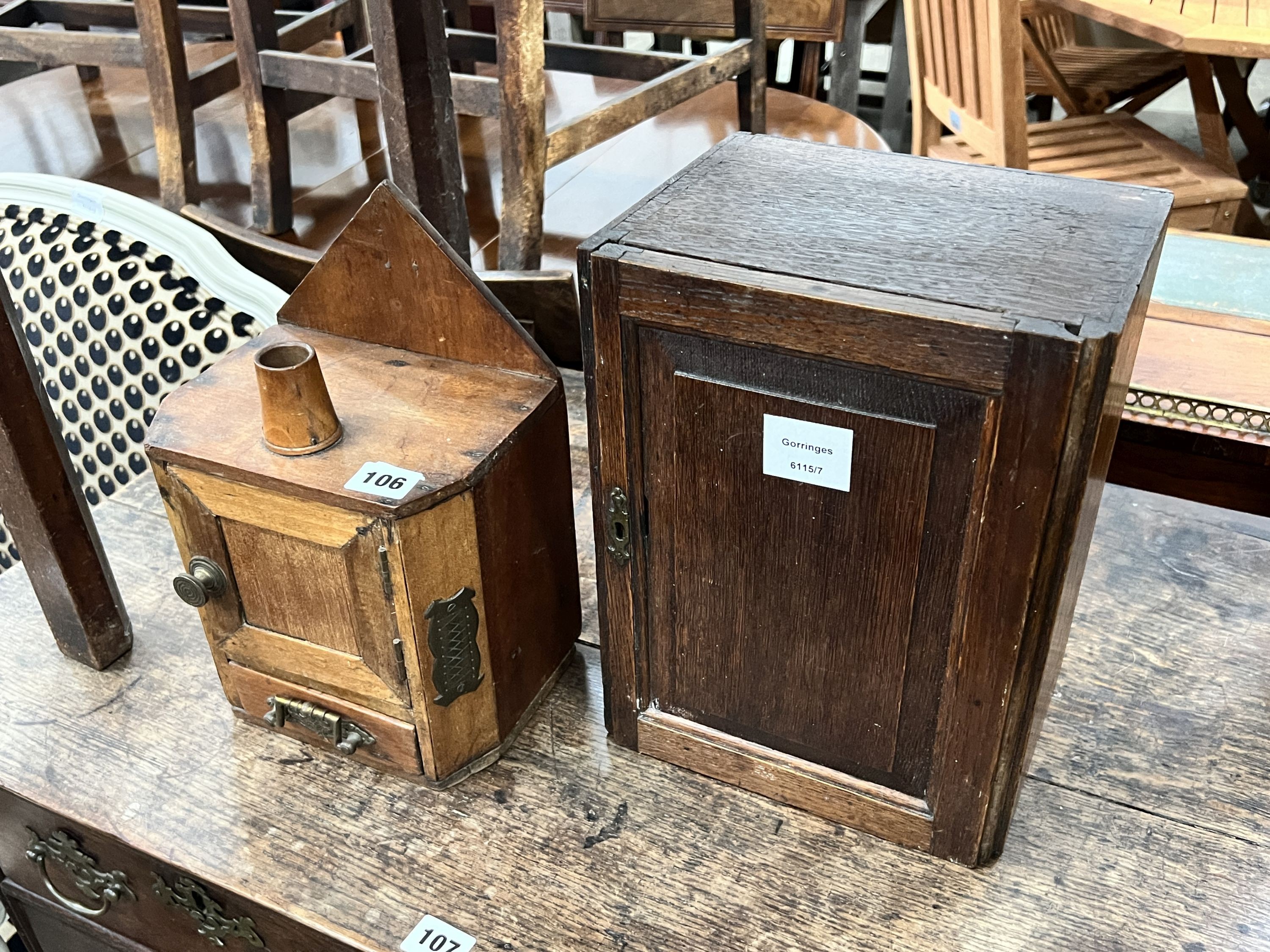 A Victorian oak stationery box, height 30cm, together with one other